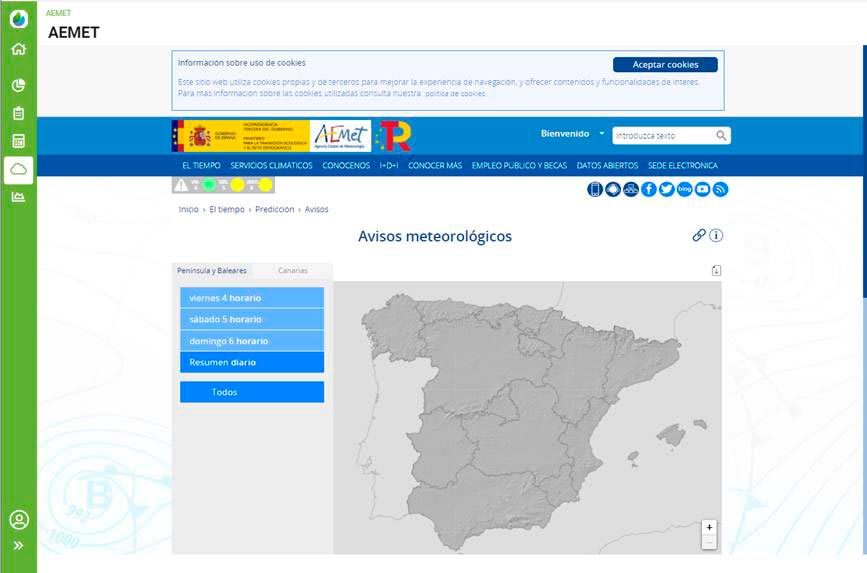 AGROgestor permite visualizar el servicio de meteoalertas de AEMET. Con el fin de ofrecer un acceso rápido a los gestores sobre los avisos meteorológicos activos a nivel nacional.